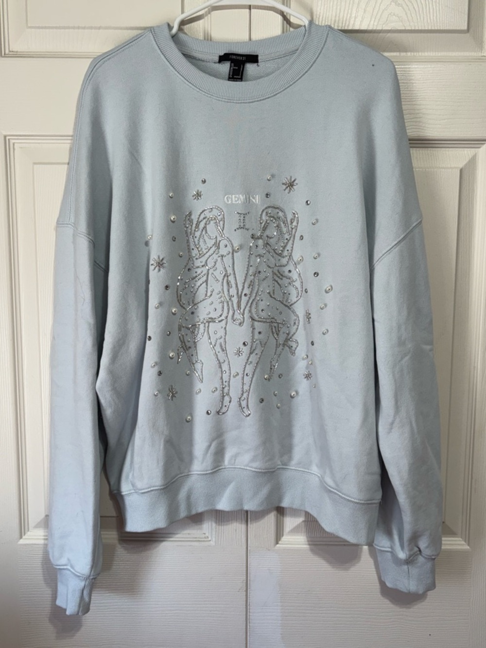 Forever 21 Light Blue Gemini Embellished Crewneck Sweatshirt